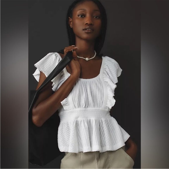 Maeve Tops - Maeve White Textured Ruffle Blouse
